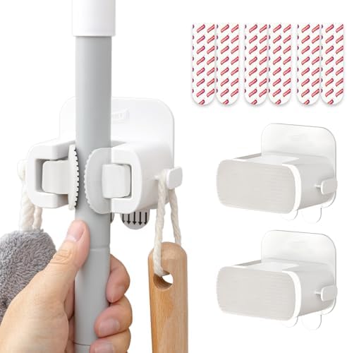 TAILI Mop and Broom Holder Wall Mount Grippers, 3 Hangers and 8 Adhesive Strips, Damage Free Hanging Wall Mount, Household Cleaning Organizer for Organization and Storage, Holds up to 4 lbs, White by TAILI