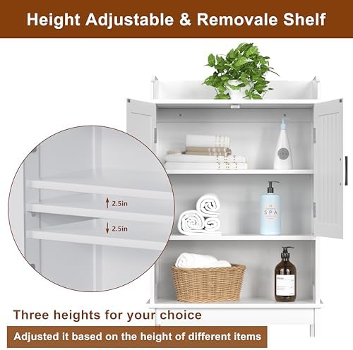 Yardenaler Over-The-Toilet Storage Shelf with Doors, Bathroom Freestanding Space Saver Organizer with Adjustable Shelf, White - Image 4