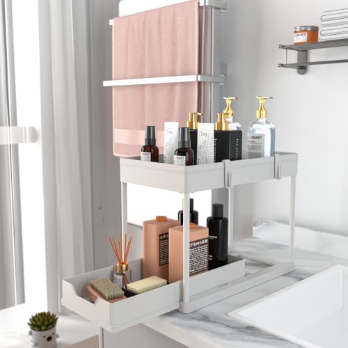 MEAFBIRD 2 Pack Under Sink Organizer, 2 Tier Bathroom Cabinet Organizer with Sliding Basket, Multi-Purpose Under Sink Organizers and Storage for Bathroom Kitchen (White 2 Pack) - Image 5