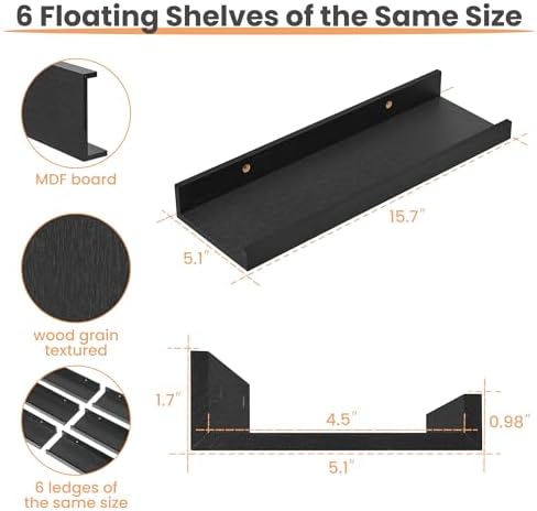 upsimples Floating Shelves for Wall Decor and Storage, Black, 6Pcs 15.7'' - Image 3