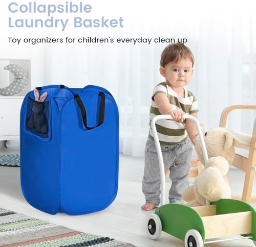 HOUSE AGAIN Upgraded Polyester Pop Up Laundry Hamper, Collapsible Laundry Baskets with Durable Handles Solid Bottom High Steel Frame and Side Pocket, Easy Open & Save space,Perfect for Storage(Blue) - Image 5