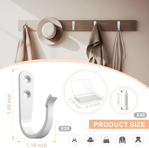 BREYDROK Hook for Hanging - 20PCS Hook for Hanging, Wall Hooks for Coats, Heavy Duty Single Prong Wall Hooks with 40 Pieces Screws (White) - Image 3