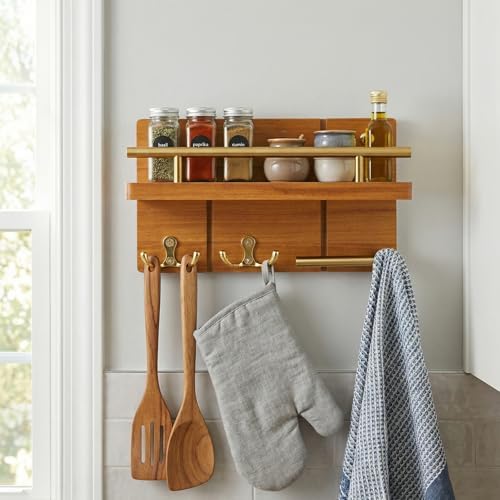 9.8” Solid Teak Wood Key Holder Wall Mount with Shelf and Hooks - Image 6