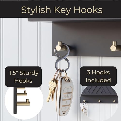 BLU MONACO | Wall-Mounted Mail and Key Holder in Grey Wood | Two-Tier Mail Organizer with Gold Hooks | Entryway Command Center for Home or Office - Image 5