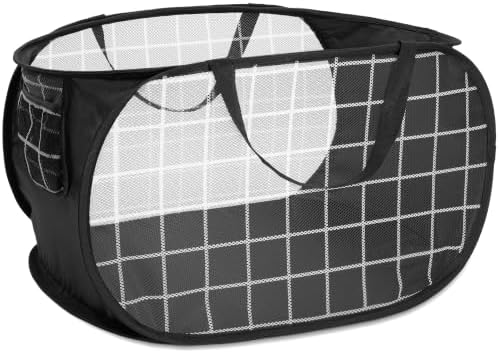 Collapsible Laundry Baskets with Side Pocket, Mesh Pop Up Clothes Hamper for Laundry, Foldable Laundry Basket Storage Hamper with Reinforced Handles for Clothes, Toys, Home, Dorm -Grid Print, Black by BATTOO