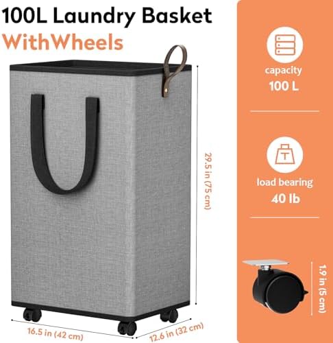 SpaceTrove Rolling Laundry Basket with Wheels, Laundry Hamper, 100L, Grey - Image 2