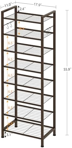 usikey 8 Tiers Narrow Shoe Rack 16-24 Pairs, Sturdy Metal Tall Shoe Rack with 4 Hooks, Slim Shoe Storage Organizer with Metal Shelf, Space Saving Vertical Shoe Shelf for Closet Entryway, Bronze - Image 3