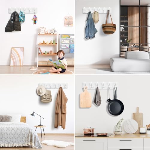 Solid Pine Wooden Wall-Mounted Coat Rack - Rustic Entryway Organizer with 6 Zinc Alloy Hooks, Space Saving Wall Coat Hanger for Jackets, Hats, Bags, Towels & Robes (White, 6 Double Hooks) - Image 5