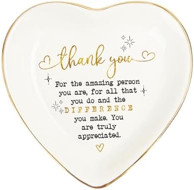 Thank You Heart Trinket Dish – Gold Rim Ceramic Jewelry Tray Appreciation Gift for Teacher, Coworker, Friend, Nurse, Boss – Decorative Ring Holder, Jewelry Catchall, Gratitude Gift by Unknown