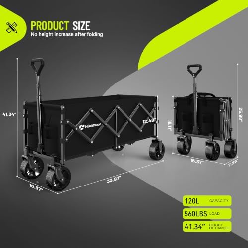 HIKEMOON 34'' Extra Long Folding Wagon Wide Wheels, 120L 360LBS Black - Image 2