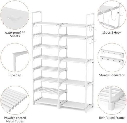 ROJASOP White Shoe Rack, Tall Metal Shoe Rack Organizer for Entryway Closet Garage, 8 Tier Large Shoe Shelf for 26-32 Pairs Boots & Shoes Storage, Space Saving Heavy Duty Shoe Stand - Image 5