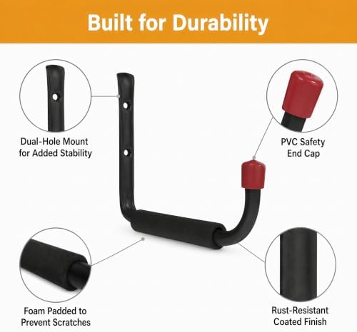 6 Pack Garage Hooks Heavy Duty, Utility Steel Hooks with EVA Foam Padding, 9.48inch Wall Mount J Organizer Hanger for Hanging Bikes Kayak Garden Tool Hose Bike Shelf - Image 4