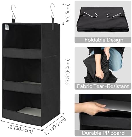 GRANNY SAYS 3-Shelf Hanging Closet Organizer, Collapsible Closet Hanging Shelves, Nursery Hanging Organizer, Black, 29 ½" H X 12" W X 12" D, 1-Pack | 33 lb Capacity, No-Sag Support, Keeps Clothes Neat, Folds Flat, Fits RV, Dorm & Small Closets - Image 3