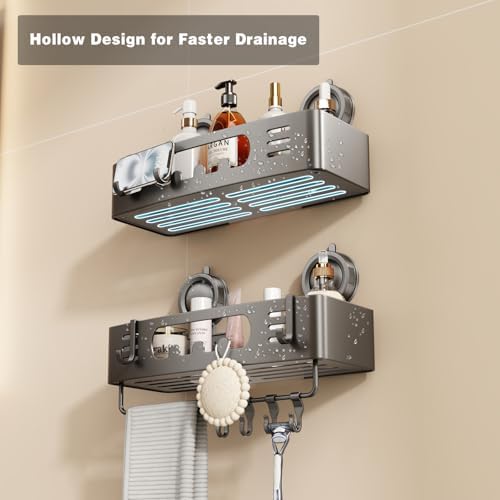 Voldra Shower Caddy Suction Cup, Shower Shelves for Inside Shower No Drilling, Aluminum Suction Showers Organizer for Wall with Towel Bar & Hooks Removable Bathroom Storage Rack(1 Pack-Gray) - Image 3