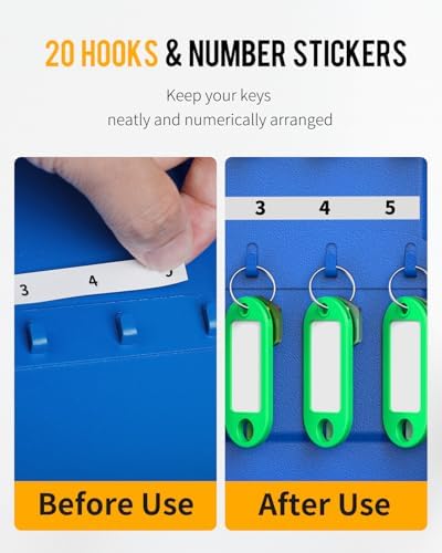 Uniclife 20 Position Key Cabinet with Combination Lock Resettable Blue Digital Security Storage Box Steel Key Organizer with Colorful Key Tag Labels Stickers and Hooks - Image 6
