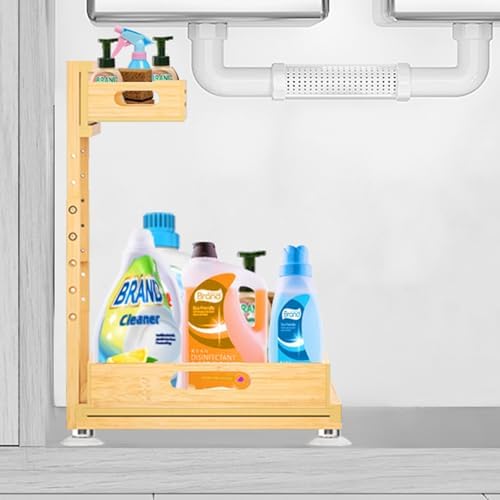 Banlilu Under Sink Organizer, Pull Out Cabinet Organizer, 2 Tier Slide Out Sink Shelf Cabinet Storage Shelves, Storage for Kitchen Bathroom, Natural Premium Bamboo Wood - Image 2