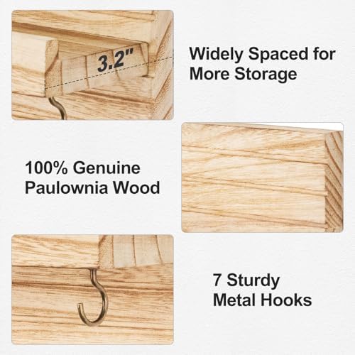 Lwenki Decorative Key Holder for Wall with Shelf, Entryway Shelf with Hooks Holds Leashes, Jackets and Glasses – Sturdy Wood Keyholder Entrance Hanger with Mounting Hardware (Wood, Large) - Image 2