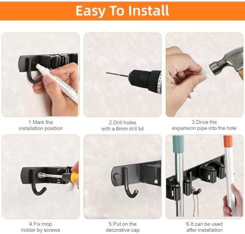 CUXIXA Mop and Broom Holder Wall Mount, Upgraded Broom Organizer Wall Mount, Stainless Steel Broom Hanger Wall Mount for Home Kitchen Garden Laundry Garage (5 Racks with 4 Hooks Black) - Image 4
