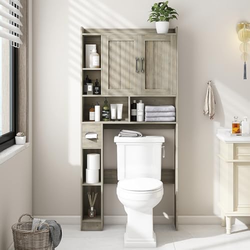 Vabches Farmhouse Over The Toilet Storage Cabinet with Barn Door, Gray Oak by Vabches
