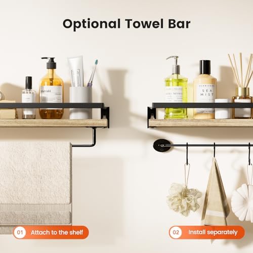 Amada Bathroom Shelves with Towel Bar, Set of 2, Light Brown - Image 4