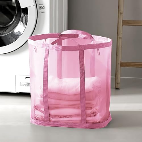 Mesh Bag with Handles, Collapsible Laundry Basket, Foldable Laundry Bag, Breathable Folding Beach Bag,Space-saving Travel Tote Bags (1, Pink) by HGZBS