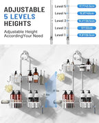 Adjustable Shower Caddy Hanging for Handheld Showerheads - Never Rust Shower Hanging Organizer, Upgraded Bathroom Shower Rack with Soap Basket, Hooks and Toothbrush Holder (Silver) - Image 4