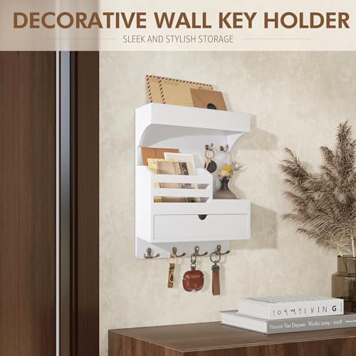 Rebee Vision Key Holder Wall Mount with Drawer & Shelf for Entryway, White - Image 4