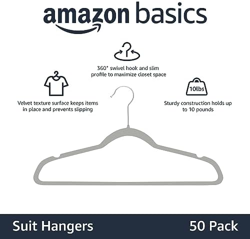 Amazon Basics Slim Velvet Non-Slip Space Saving Suit Clothes Hangers, Closet Organizer, Gray/Silver, 50-Pack - Image 2