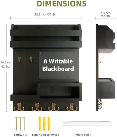 Large Key and Mail Holder Wall Mount, 12.5x16.5 Inch Solid Wood Key Racks for Entryway, Front Door, Hallway, Wall Organizer (Matte Black) - Image 2