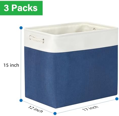 Bidtakay Extra Large Storage Baskets for Shelves 3 Pack Fabric Storage Bins for Organizing Linen Collapsible Organizer for Closet-White&Blue - Image 6