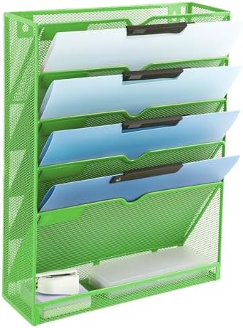 EASEPRES 6 Tier Mesh Hanging Wall File Organizer, Desk Vertical Mail Paper Document Folder Holder Rack with Bottom Tray and Nametag Label for Office Home School, Green by EASEPRES