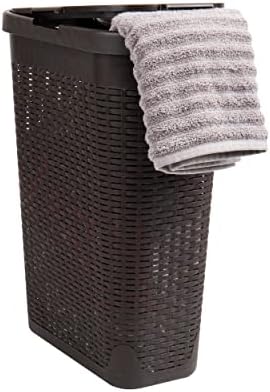 Mind Reader Slim Laundry Hamper with Lid, 40L Clothes Basket, Narrow Tapered Design with Ventilated Cutout Pattern, Plastic, Brown by MindReader
