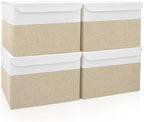 Bagnizer Large 22 Quart Linen Fabric Foldable Storage Bin Cube Organizer Basket with Flip-Top Lid & Handles, Clothes Blanket Box for Home, Office, Closet, Beige & White, 4 Pack 14.6 x 9.5 x 9.5” by Bagnizer