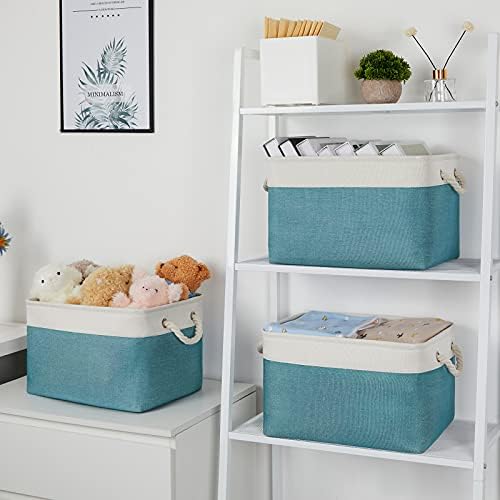 Bidtakay Basket Storage Bins with Handles Fabric Large Storage Baskets for Organizing Set of 3 Collapsible Rectangular Basket for Shelves Closet Organizer 15 X 11 X 9.5 Inches(White&Teal Blue) - Image 3