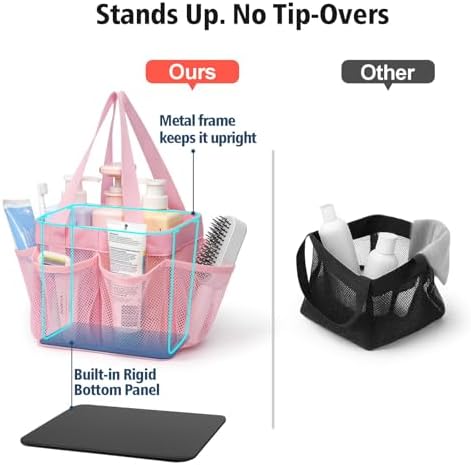 F-color Mesh Shower Caddy Portable - Stand Up 8 Pockets for Dorm, Pink - Image 3