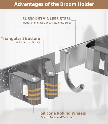 Broom Holder Over The Door with Hooks -304 Stainless Steel (Space grey) - Image 5