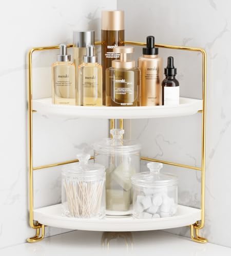 FSyueyun 2-Tier Corner Bathroom Counter Organizer, Vanity Tray, Gold by FSyueyun
