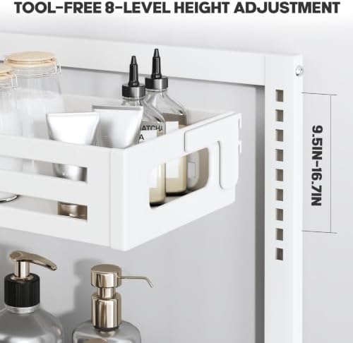 1 Pack Under Sink Organizer,Pull Out Cabinet Organizer With Smooth Cylindrical Rail,Metal Slide Out Drawer for Kitchen Bathroom Laundry Cabinet,8-Level Tool Free Height Adjustable-White - Image 3