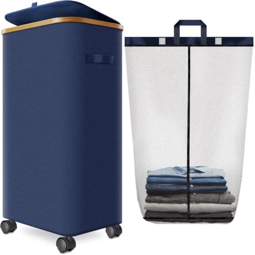 Laundry Hamper with Wheels, 75L Rolling Laundry Basket with Lid by Wuevu