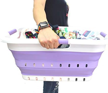 SAMMART 41L Collapsible 3 Handled Plastic Laundry Basket - Foldable Pop Up Storage Container/Organizer - Portable Basket - Space Saving Hamper/Basket (3 handled rectangular, White/Lt. Purple) - Image 7