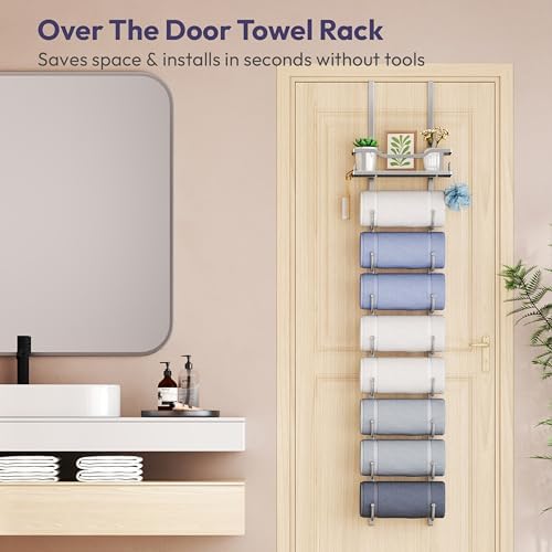 SWTYMIKI Over the Door Towel Rack - 9 Tier Towel Racks for Bathroom Wall Mounted, Towel Holder with Shelf, Hanging Rolled Towel Storage Organizer for Small Bathroom, Camper, RV, Sliver - Image 2