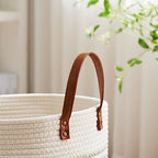 VIPOSCO 100L Tall Woven Rope Laundry Hamper, Leather Handles, Brown & White - Image 3