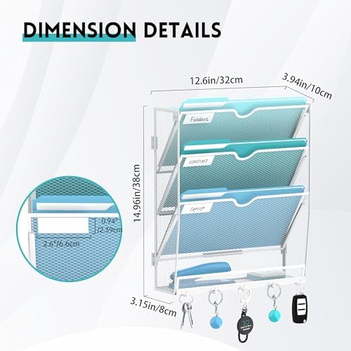 4-Tier Wall File Organizer and Mail Organizer with 5 Hooks, White - Image 2