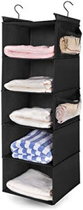 MAX Houser 5-Shelf Hanging Closet Organizer with 4 Side Pockets, Black | Foldable Fabric Hanging Shelves for Closet, Cloth Hanging Shelves with 2 sturdy hanging hooks, Small Space Saver by MAXHouser