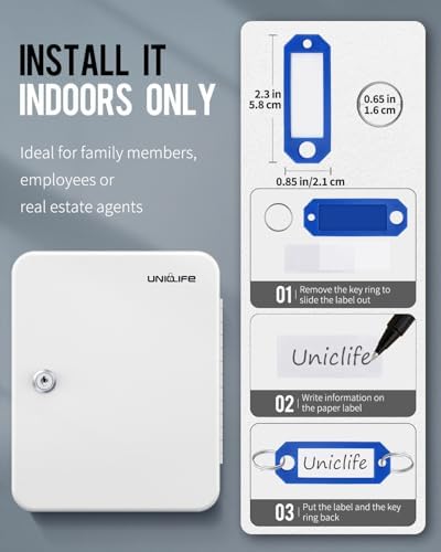 Uniclife 28 Position Key Cabinet with Key Lock Wall Mounted White Security Storage Box Steel Key Organizer with Colorful Key Tag Labels Stickers and Hooks - Image 7