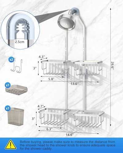 Adjustable Shower Caddy Hanging for Handheld Showerheads - Never Rust Shower Hanging Organizer, Upgraded Bathroom Shower Rack with Soap Basket, Hooks and Toothbrush Holder (Silver) - Image 2