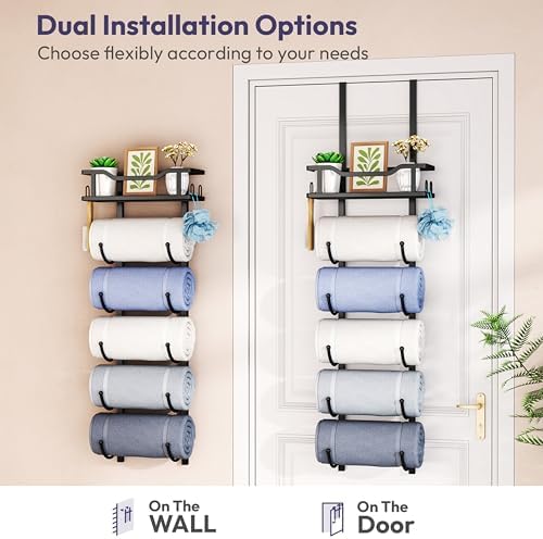 SWTYMIKI Over the Door Towel Rack - 6 Tier Towel Racks for Bathroom Wall Mounted, Towel Holder with Shelf, Hanging Rolled Towel Storage Organizer for Small Bathroom, Camper, RV, Black - Image 6