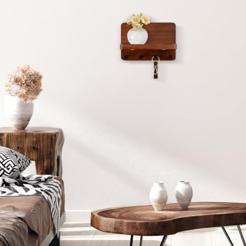 Nekon Key Holder for Wall with Shelf, Pine Wooden Key Hanger, Brown - Image 6