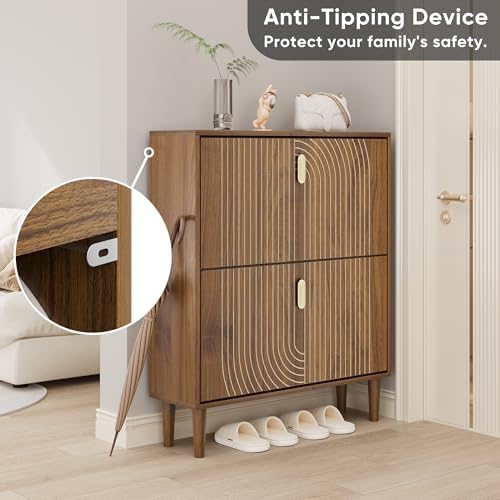 Smuxee Shoe Cabinet with 2 Flip Drawers, 31.5" Walnut Hidden Shoe Storage Cabinet with Line Groove Design, Freestanding Shoe Organizer Cabinet for Hallway, Entryway, Living Room - Image 6