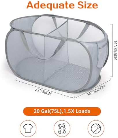 Sturdy Collapsible Laundry Baskets, Foldable Pop Up Laundry Hamper, Durable 2 Compartments Laundry Basket, Handy Pocket & Easy to Sort Clothes Hampers for Laundry, Dorm, Kids Room, Travel Grey - Image 4